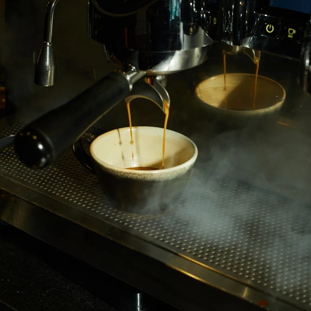 Espresso streaming from the portafilter into a speckled ceramic cup, steam curling around the machine